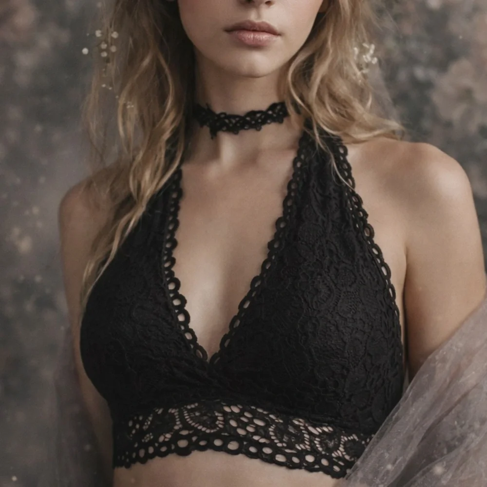 NWOT ZENANA OUTFITTERS Lace Halter Bralette Black L Fairy Grunge Boho Festival - Picture 16 of 16